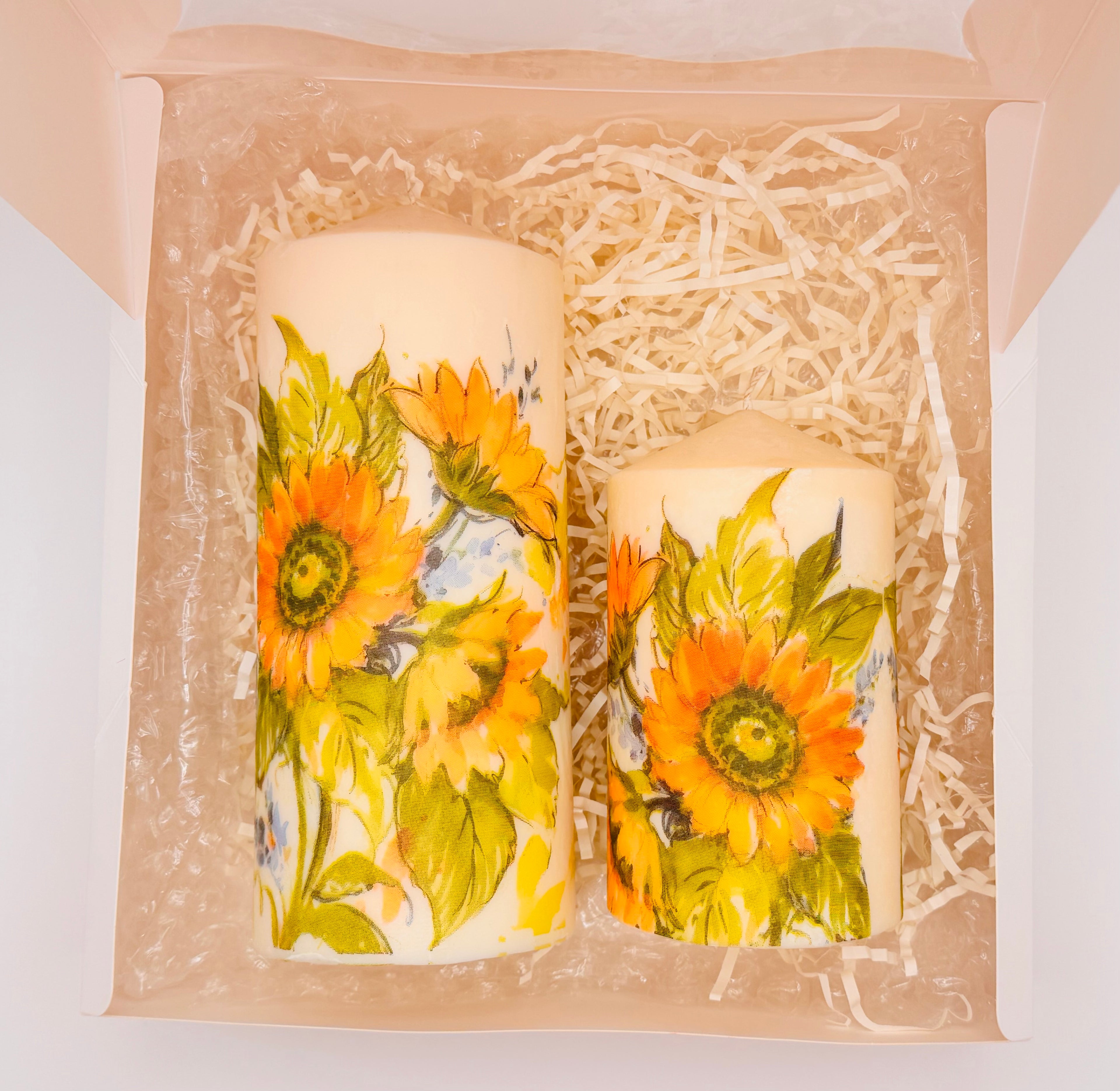 Sunflower Bloom Printed Pillar Candle – Handmade Decorative Candle