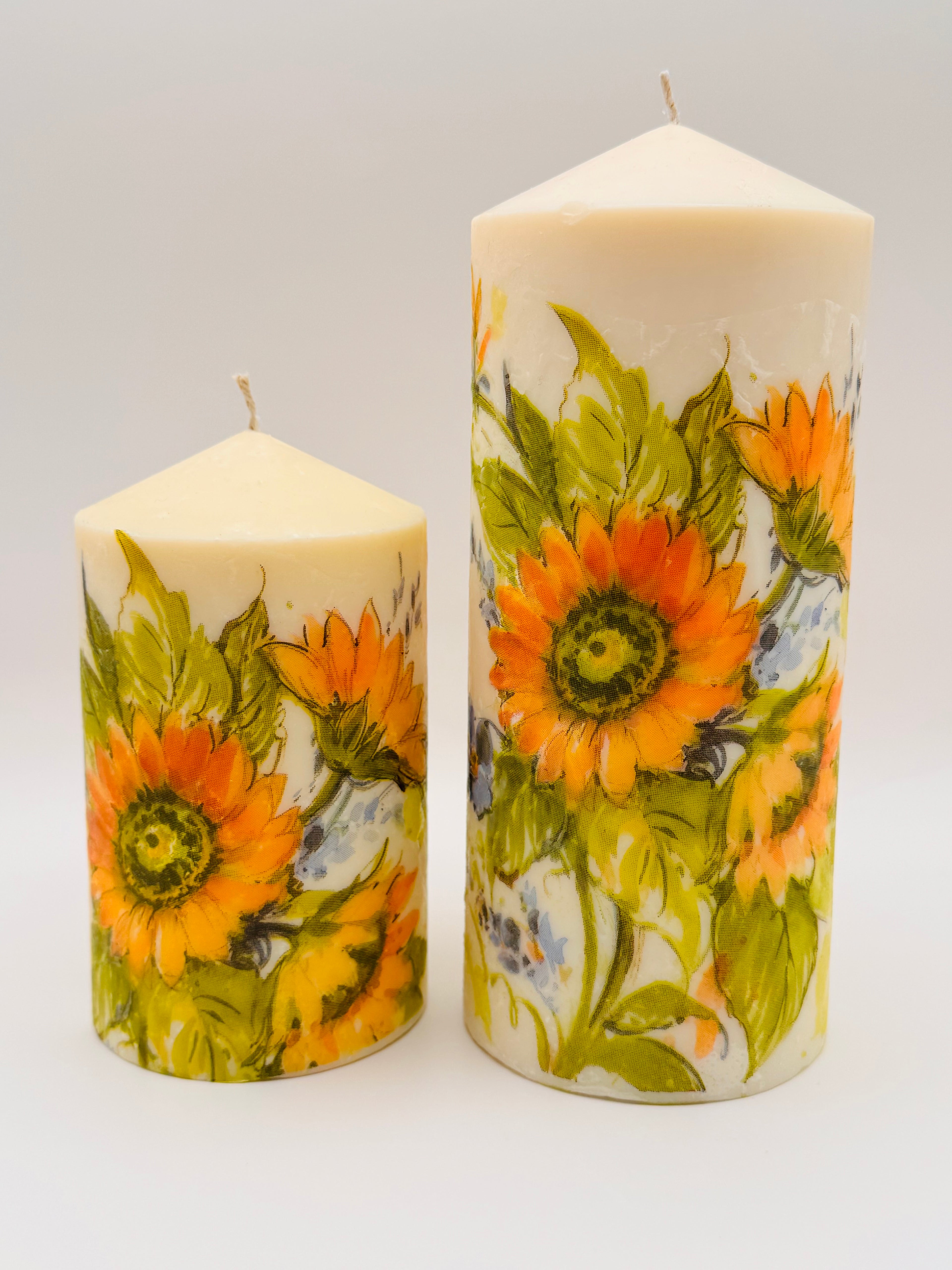 Sunflower Bloom Printed Pillar Candle – Handmade Decorative Candle