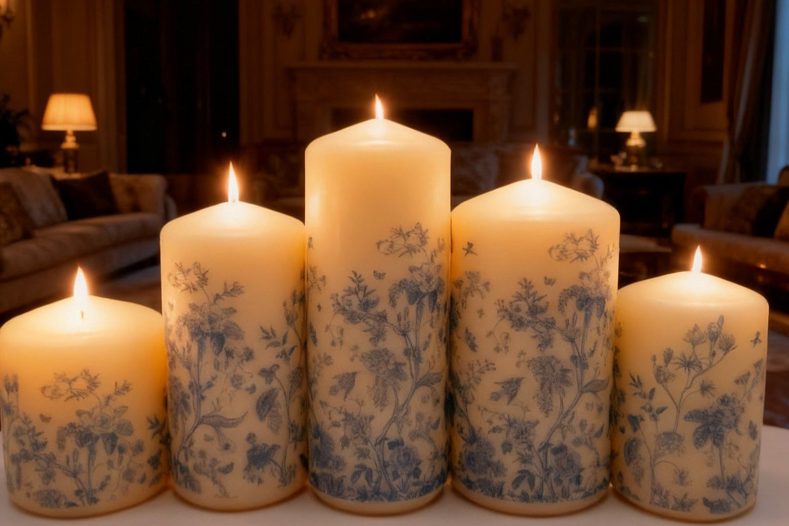 Set of five candles with floral patterns on a table in a dimly lit room.